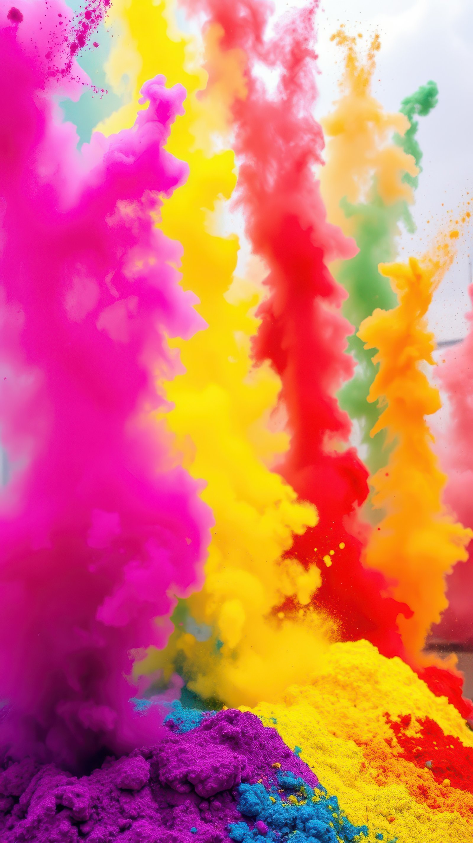Colorful powder bursts create vibrant clouds during a spring festival celebration in an outdoor setting